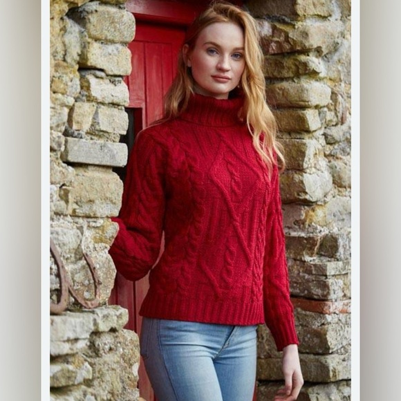 Aran Crafts Ireland 100% Merino Wool Cable Knit Turtleneck Sweater Pink Sz.Small - Picture 1 of 14